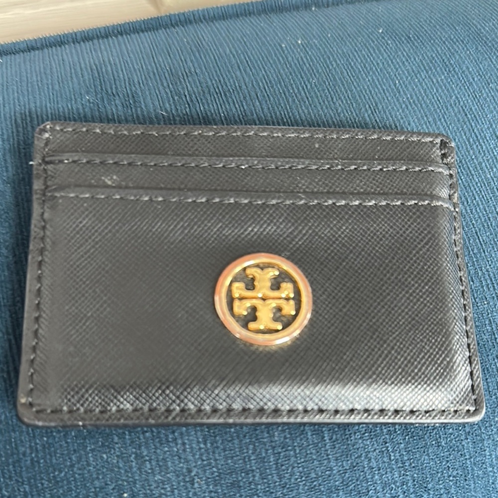Tory Burch Black Leather Key Card Holder with Gold Logo
